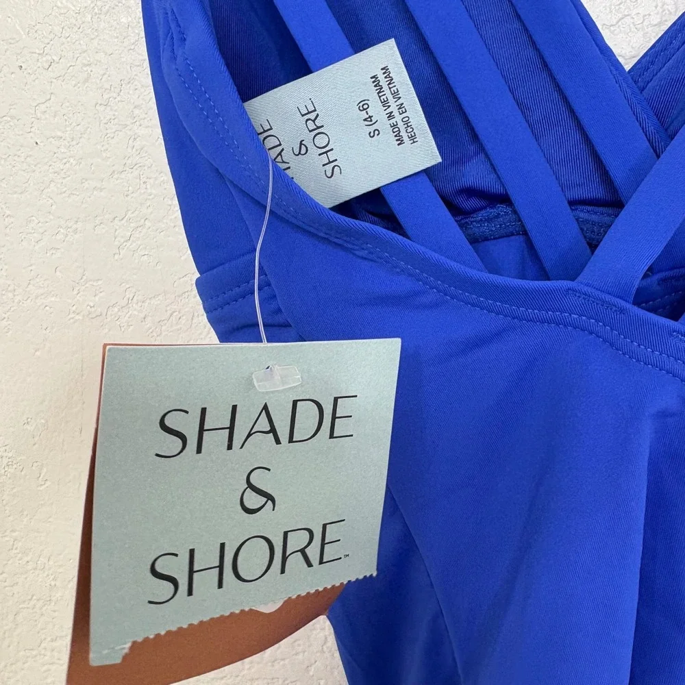 Shade & Shore Blue One Piece Swimsuit Criss Cross Back New with Tags S‎